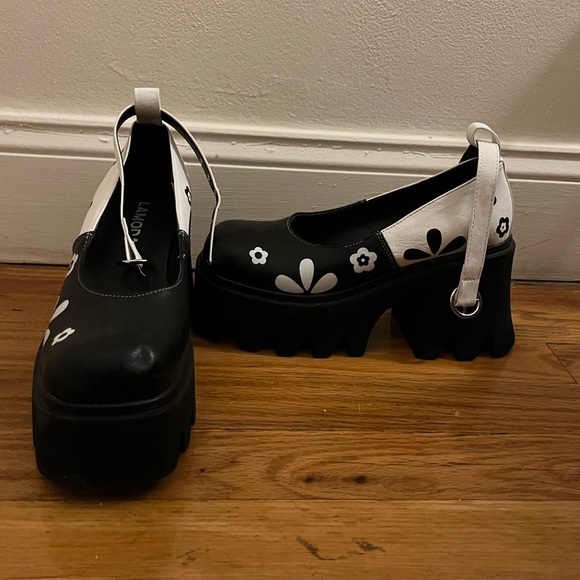 platform mary jane flower black and white emo goth pink girly floral women’s - Picture 3 of 5